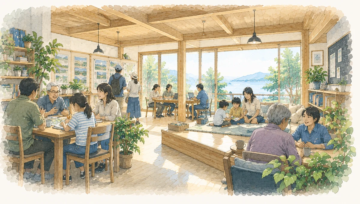 地域の居場所の内観。子どもから高齢者までが同じ部屋にいて、机を囲んだり、本を読んだり、台所に立ったりしている。