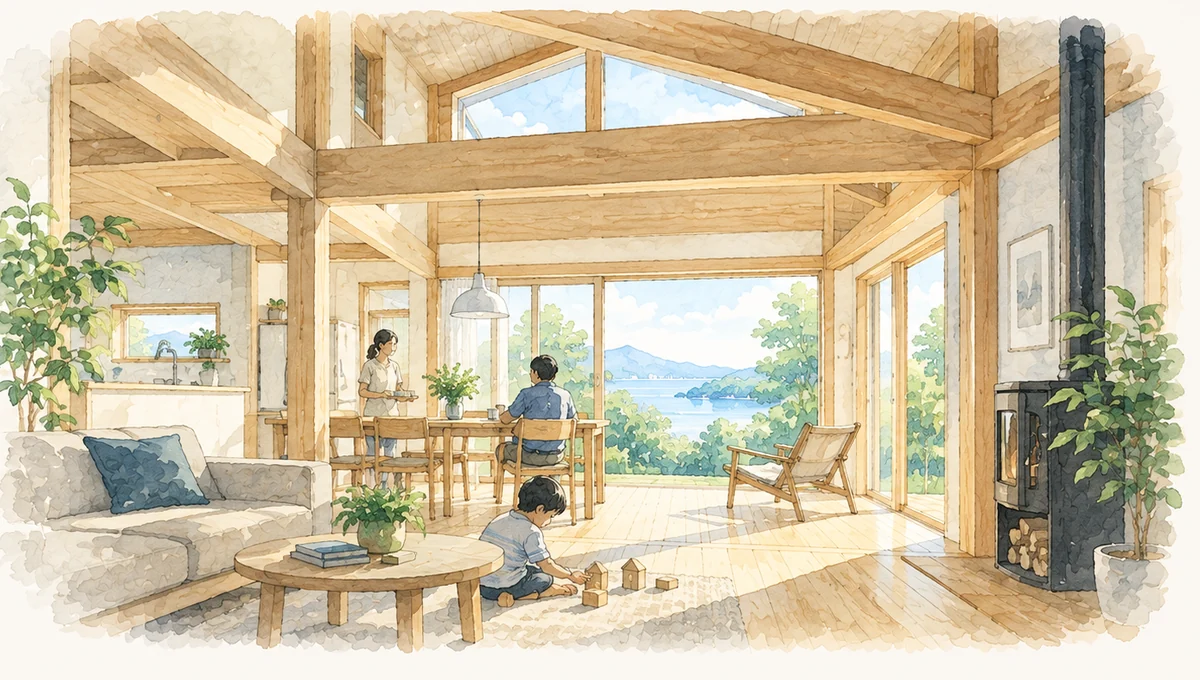 木の梁があらわしになった住まいの内観。大きな窓から瀬戸内の景色が見え、家族が食卓と居間で過ごしている。