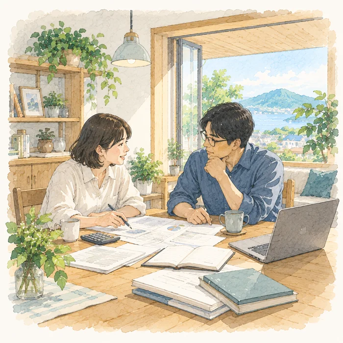 食卓に資金計画の書類と電卓とノートを広げて、夫婦が話している。図面はまだ出ていない。