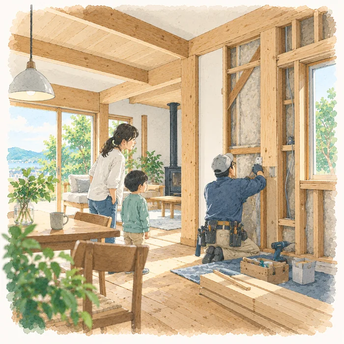 住みながら壁を開けて手を入れている場面。職人が作業し、母子がその様子を見ている。