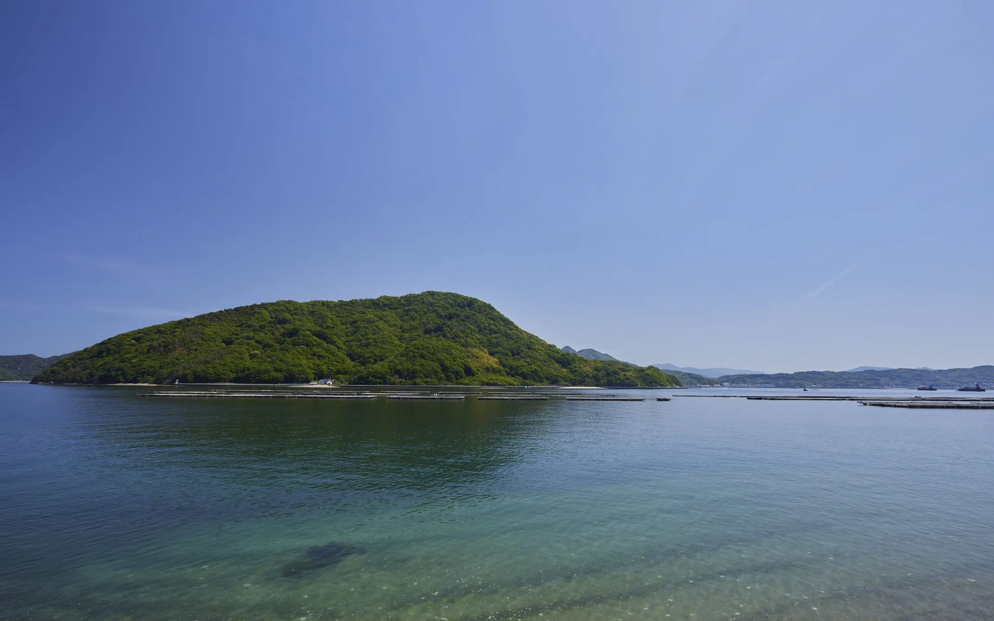 江田島の海に浮かぶ緑の島と、牡蠣いかだ。環境ゲストハウス島韻の前の海
