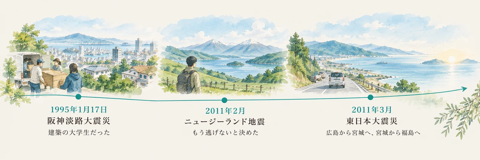 三つの地震の年表。1995年1月17日 阪神淡路大震災（建築の大学生だった）、2011年2月 ニュージーランド地震（もう逃げないと決めた）、2011年3月 東日本大震災（広島から宮城へ、宮城から福島へ）。