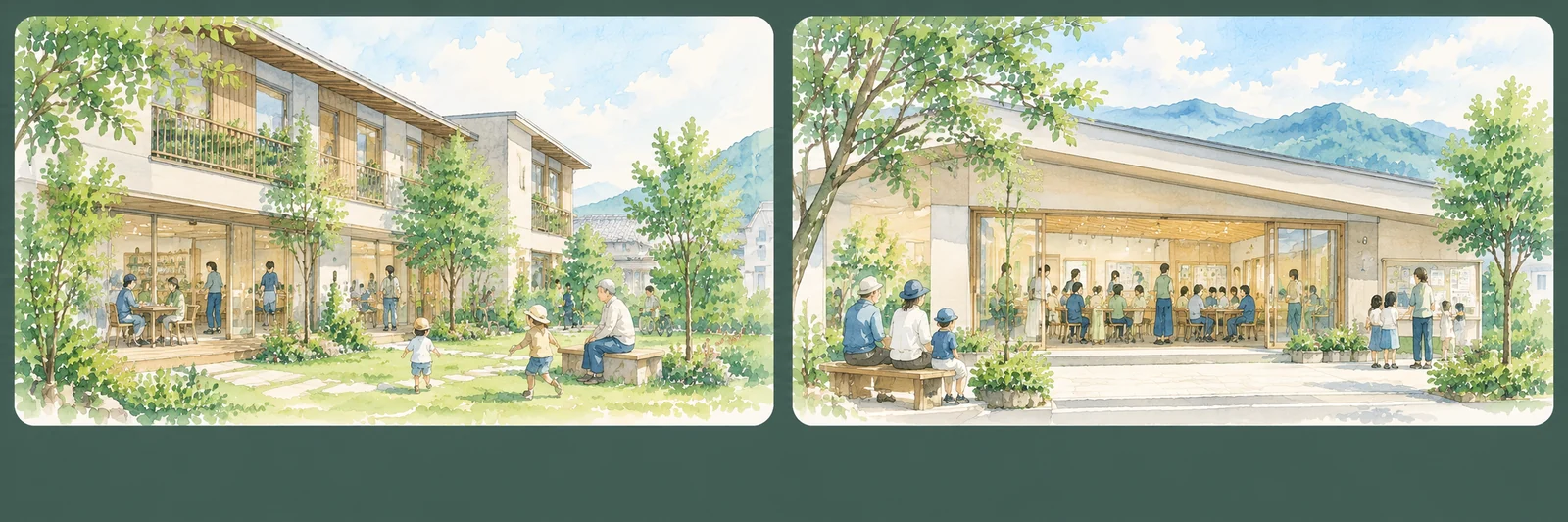 左は木造の賃貸住宅。1階が共用の居場所になっていて、庭で子どもが遊び、高齢者がベンチに座っている。右は地域の公民館。大きく開いた開口から中が見え、大勢が机を囲んでいる。