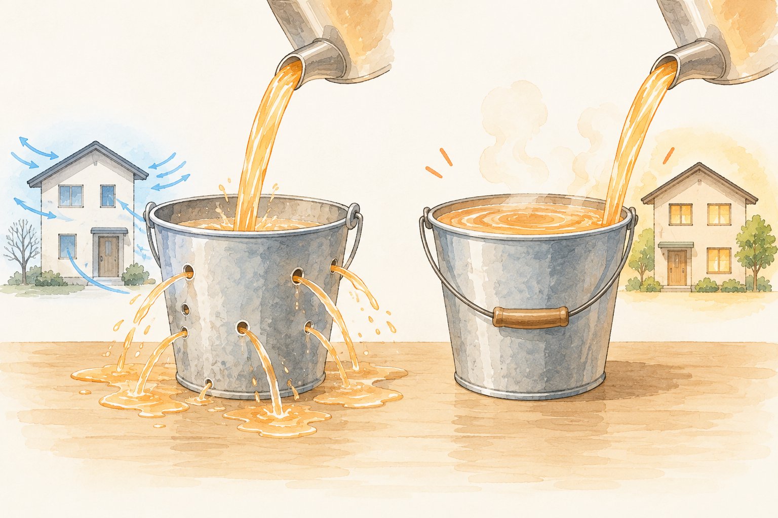 断熱の弱い家を穴のあいたバケツにたとえた挿絵