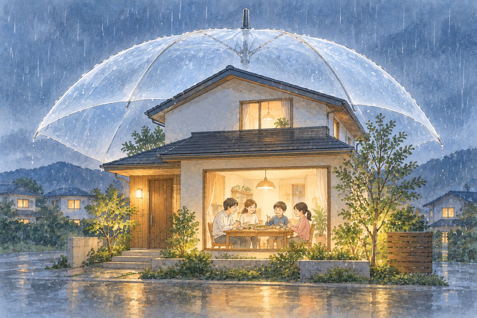 大きな傘に守られた家で家族が食卓を囲む挿絵