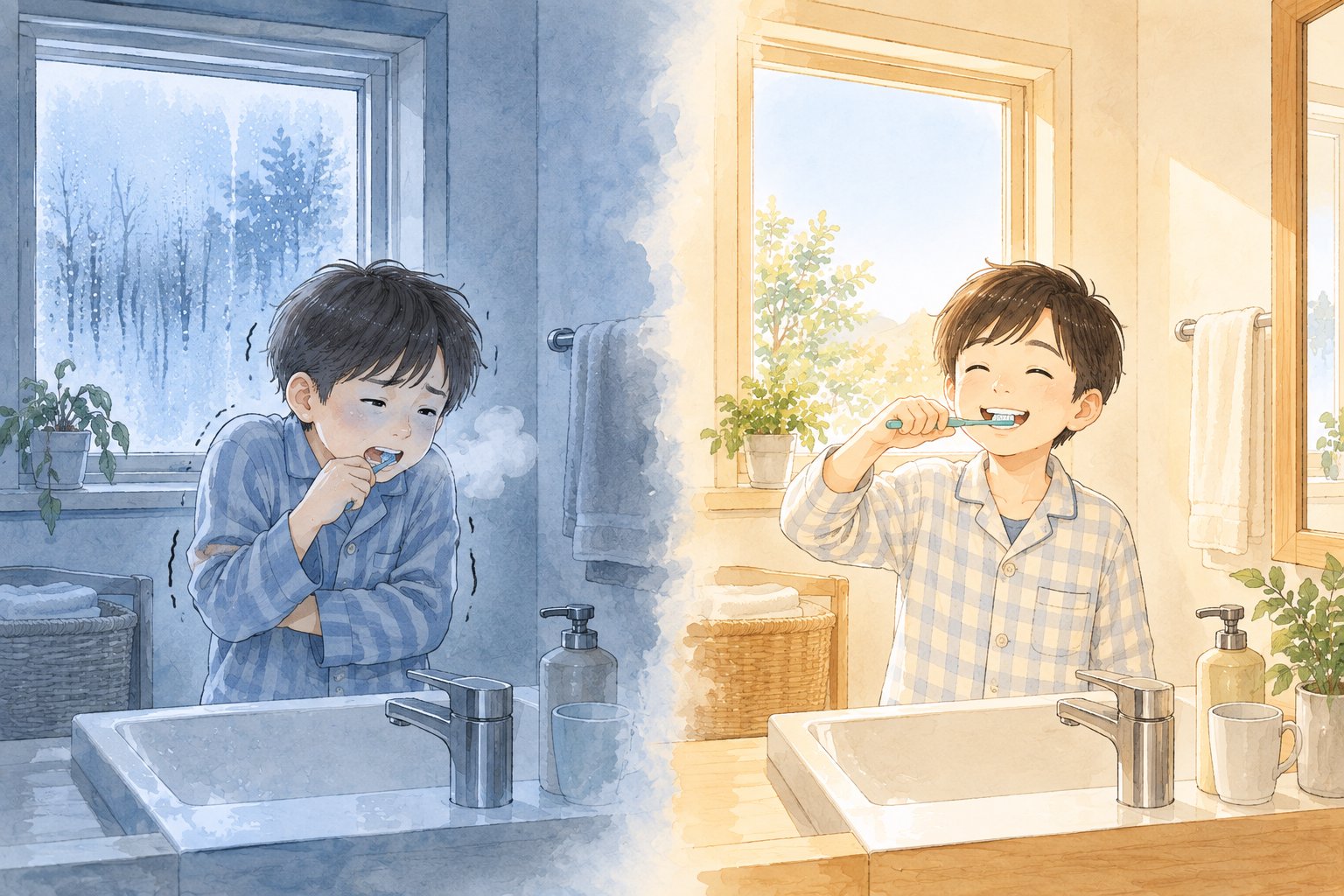 寒い洗面所とあたたかい洗面所で歯みがきする男の子を見比べる挿絵