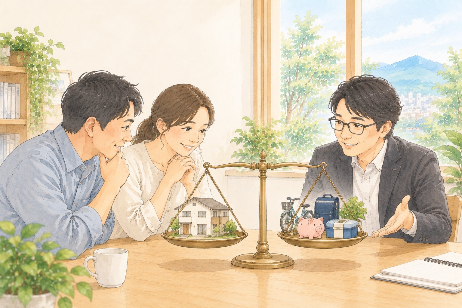 家の模型と暮らしの小物が天秤でつり合っている挿絵